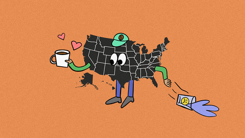An illustration of the United States lovingly holding a cup of coffee whilst throwing a glass of water to the ground.