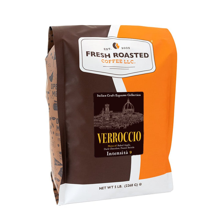 Bulk 5 lb bag of Verrocchio espresso coffee beans from Fresh Roasted Coffee LLC, delivering intense dark roast with nutty sweetness, apple fruitiness, and deep cocoa notes.