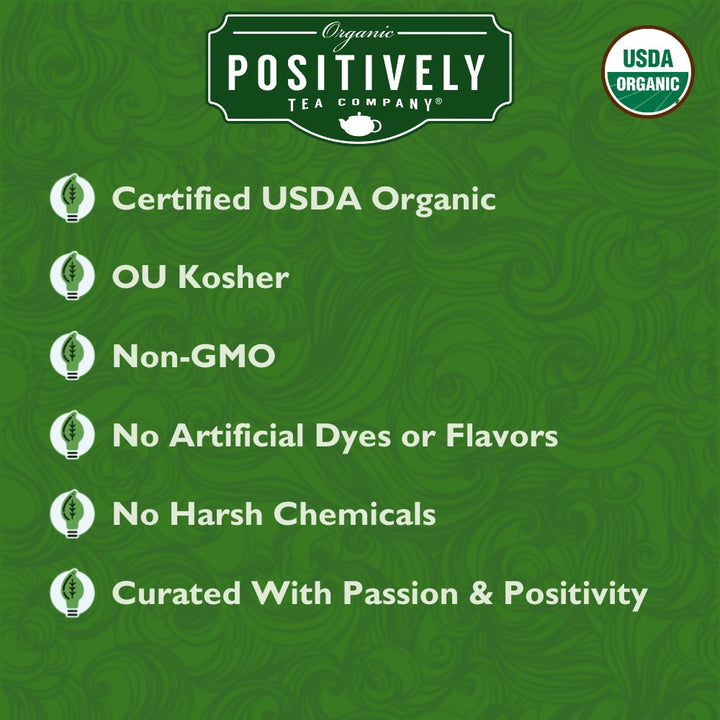 Positively Tea Company certifications for Irish Breakfast Organic Tea, featuring USDA Organic, non-GMO, and chemical-free promise.