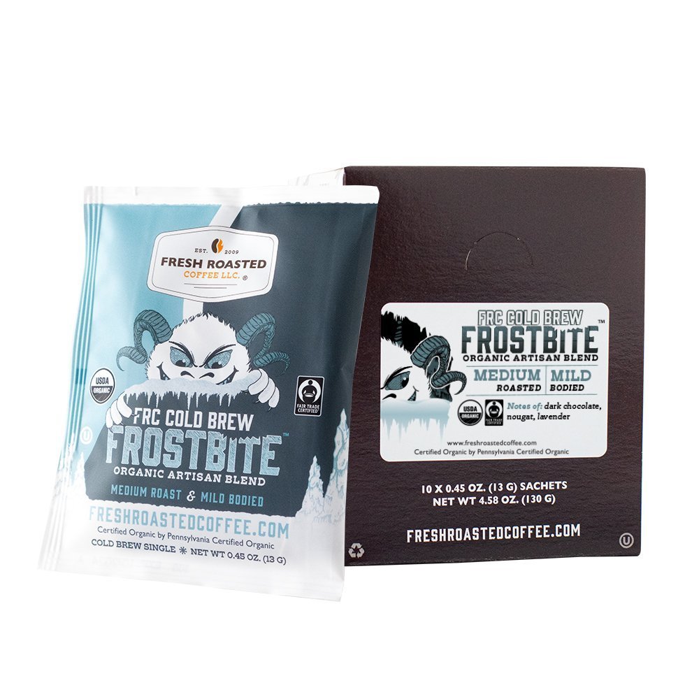 Fresh Roasted Coffee Frostbite Cold Brew sachet with box packaging, medium roast with dark chocolate, nougat, and lavender notes.
