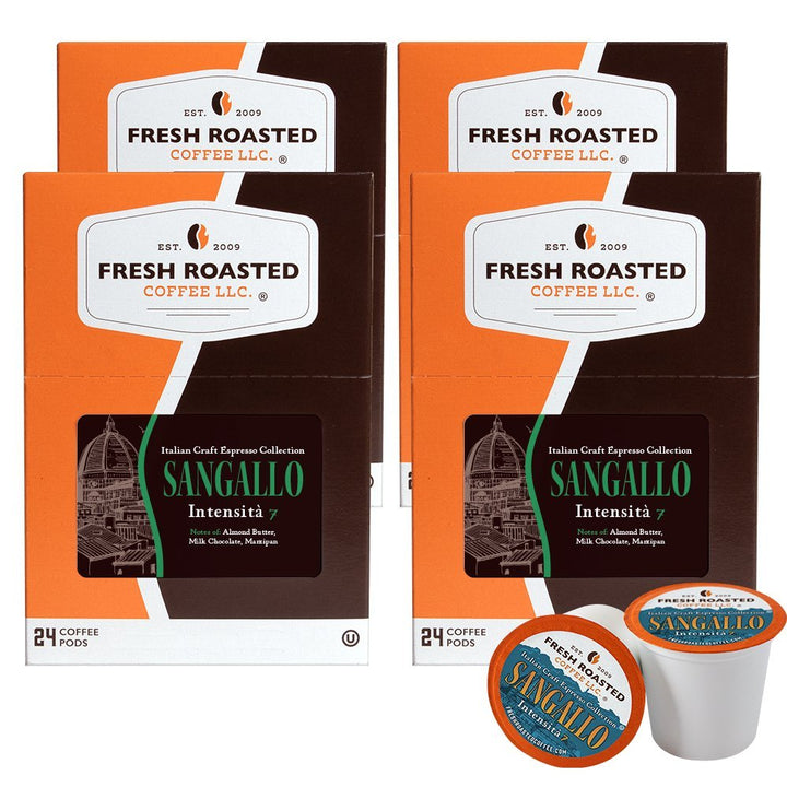 Four-pack bulk set of Fresh Roasted Coffee Sangallo espresso pods, 96 servings of rich, smooth Italian espresso.