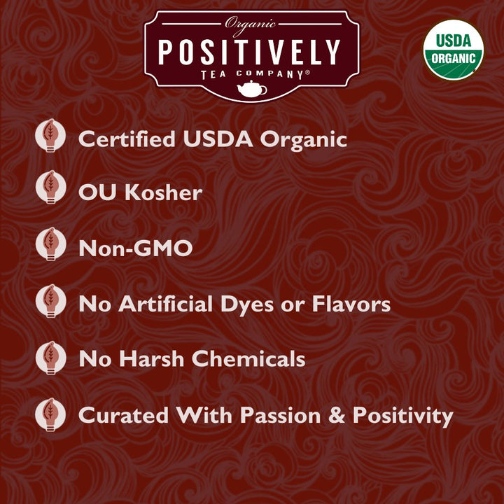 Certifications and quality standards for Positively Tea Company Blood Orange Vanilla Rooibos tea, USDA Organic, Non-GMO, and free from artificial additives.