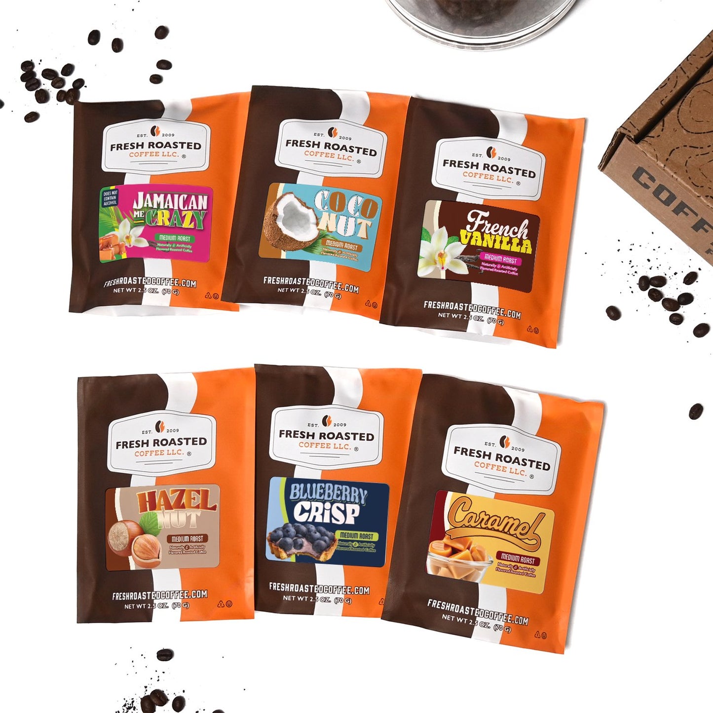 Fresh Roasted Six Pack Sampler - Flavored Coffee Starter Pack