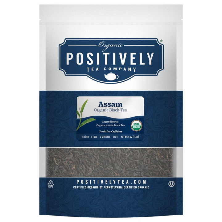 Positively Tea Company Organic Assam Black Tea, 4 oz resealable pouch, USDA certified organic loose leaf tea.