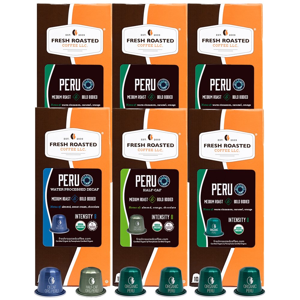 Fresh Roasted Coffee Peru coffee pod bundle, featuring medium roast organic, half-caf, and decaf capsules with notes of cinnamon, caramel, almond, and chocolate, compatible with Nespresso machines.