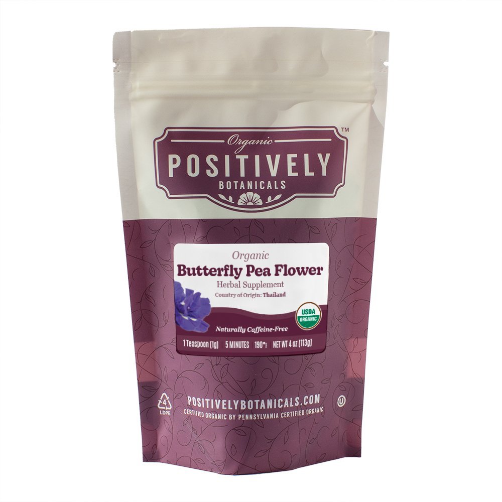 Positively Botanicals Organic Butterfly Pea Flower herbal supplement, 4 oz resealable bag, naturally caffeine-free with delicate floral flavor notes.