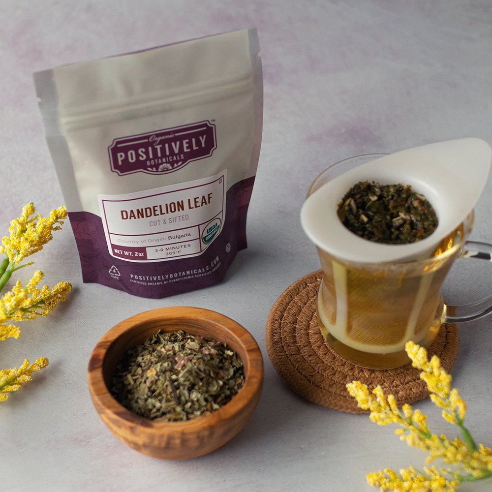 Positively Botanicals Organic Dandelion Leaf herbal supplement steeped in water, creating a light, nutrient-rich herbal drink.