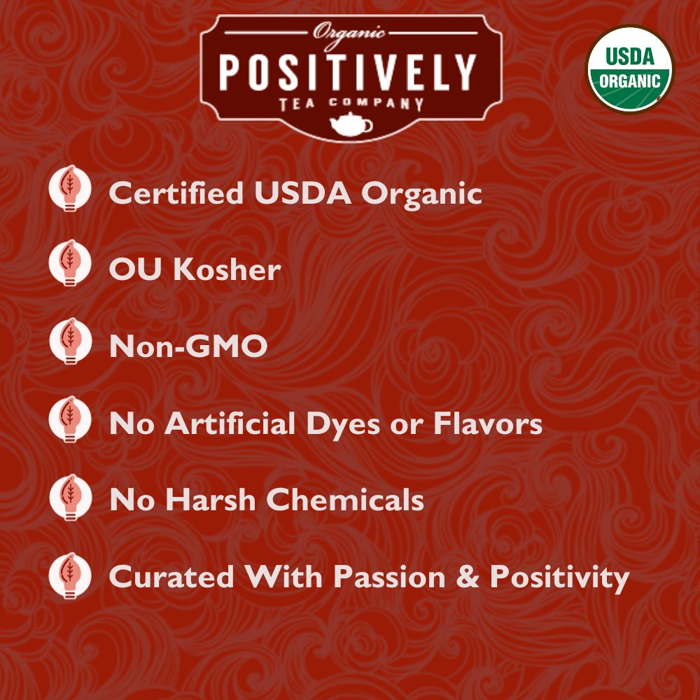 Positively Tea Company organic tea certifications, highlighting USDA organic, non-GMO, and chemical-free promise.