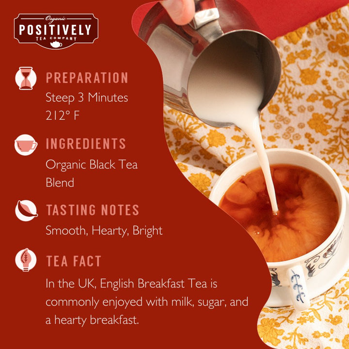English Breakfast Organic Black Tea prepared with milk, highlighting a creamy, hearty flavor experience.