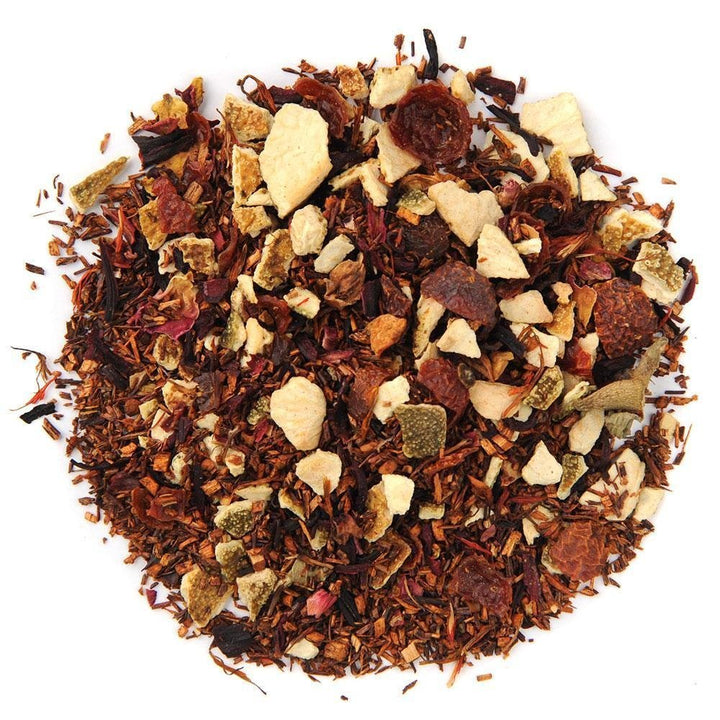 Positively Tea Company Blood Orange Vanilla Rooibos loose leaf blend with organic citrus peel and vanilla notes for a sweet, tangy aroma.