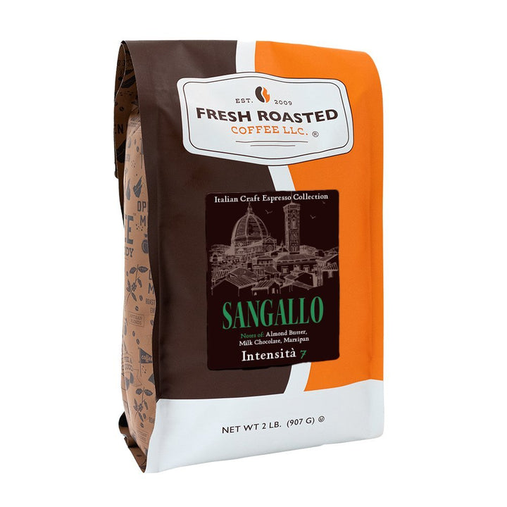 Fresh Roasted Coffee Sangallo espresso beans, 2-pound bag, crafted Italian blend with flavors of almond butter, marzipan, and creamy milk chocolate.