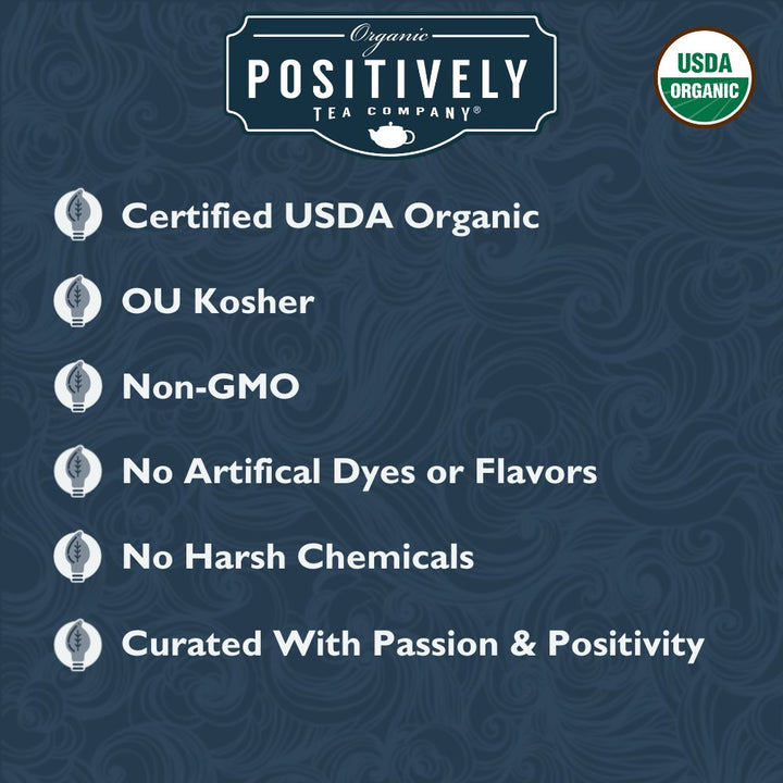 Positively Tea Company Organic Assam Black Tea certifications, highlighting USDA organic, non-GMO, and chemical-free tea quality.