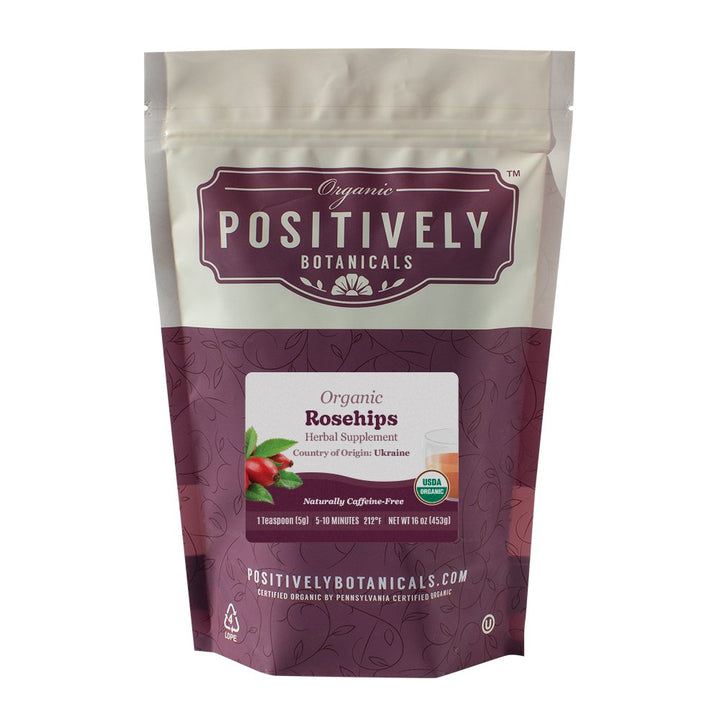 Positively Botanicals Organic Rosehips herbal supplement, 1 lb bulk bag, ideal for daily immune support and wellness infusions.