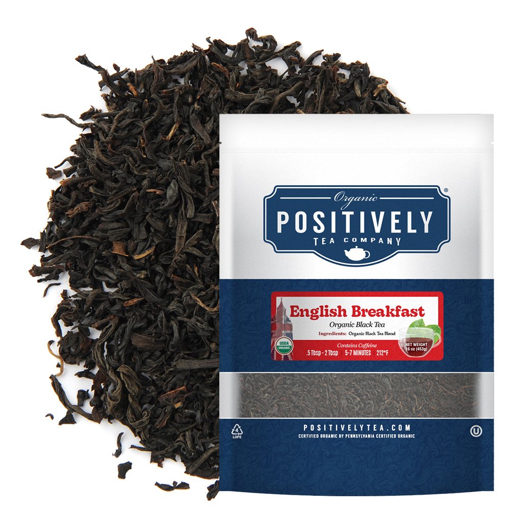 Positively Tea Company English Breakfast Organic Black Tea, 16oz bag displayed with loose tea leaves, highlighting smooth and hearty flavor profile.
