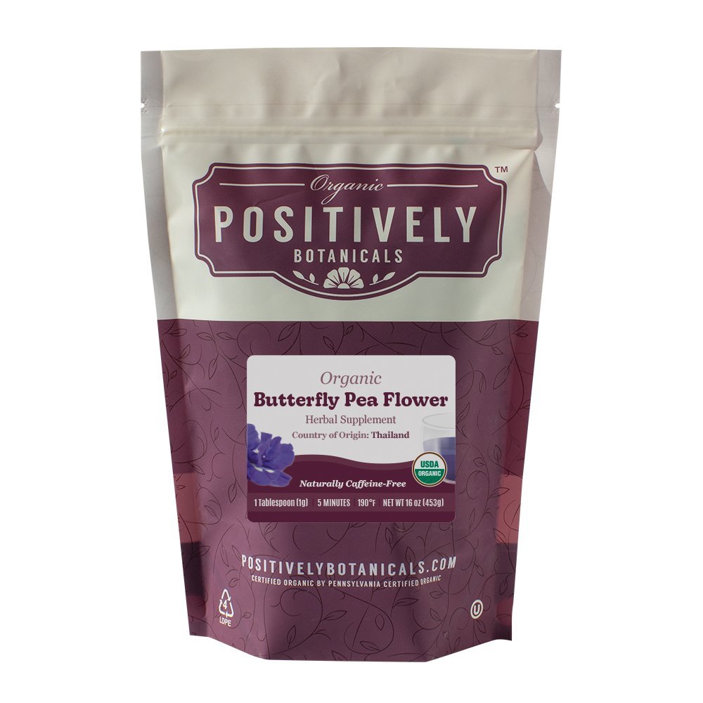 Positively Botanicals Organic Butterfly Pea Flower herbal supplement, 1 lb bulk bag, ideal for colorful, antioxidant-rich tea infusions.