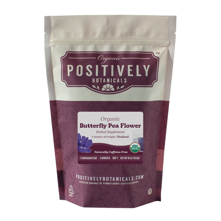 Positively Botanicals Organic Butterfly Pea Flower herbal supplement, 1 lb bulk bag, ideal for colorful, antioxidant-rich tea infusions.