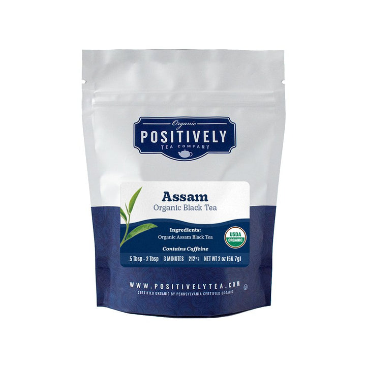Positively Tea Company Organic Assam Black Tea, 2 oz resealable pouch, featuring smooth and sweet tasting notes.