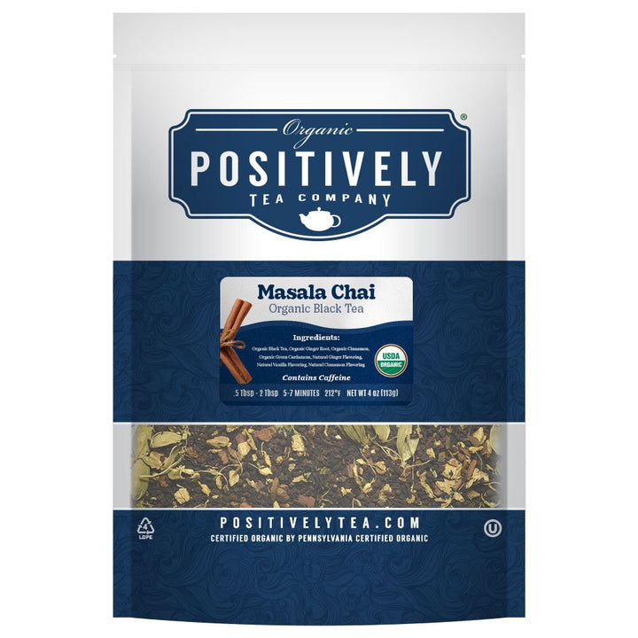 Masala Chai Organic Black Tea, 1 LB resealable bag from Positively Tea Company, delivering rich, warm spices and vanilla notes.
