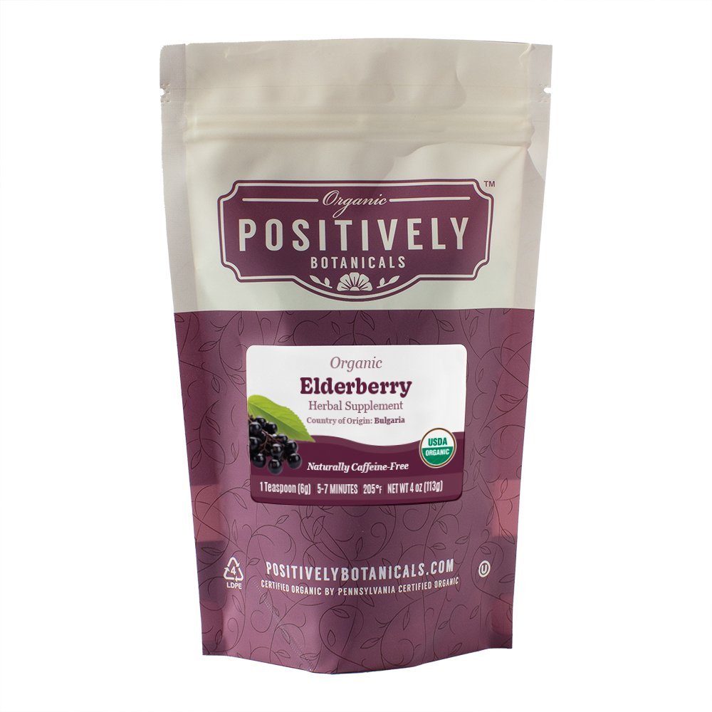 Positively Botanicals Organic Elderberry herbal supplement, 4oz bag of dried elderberries from Bulgaria, USDA certified organic.