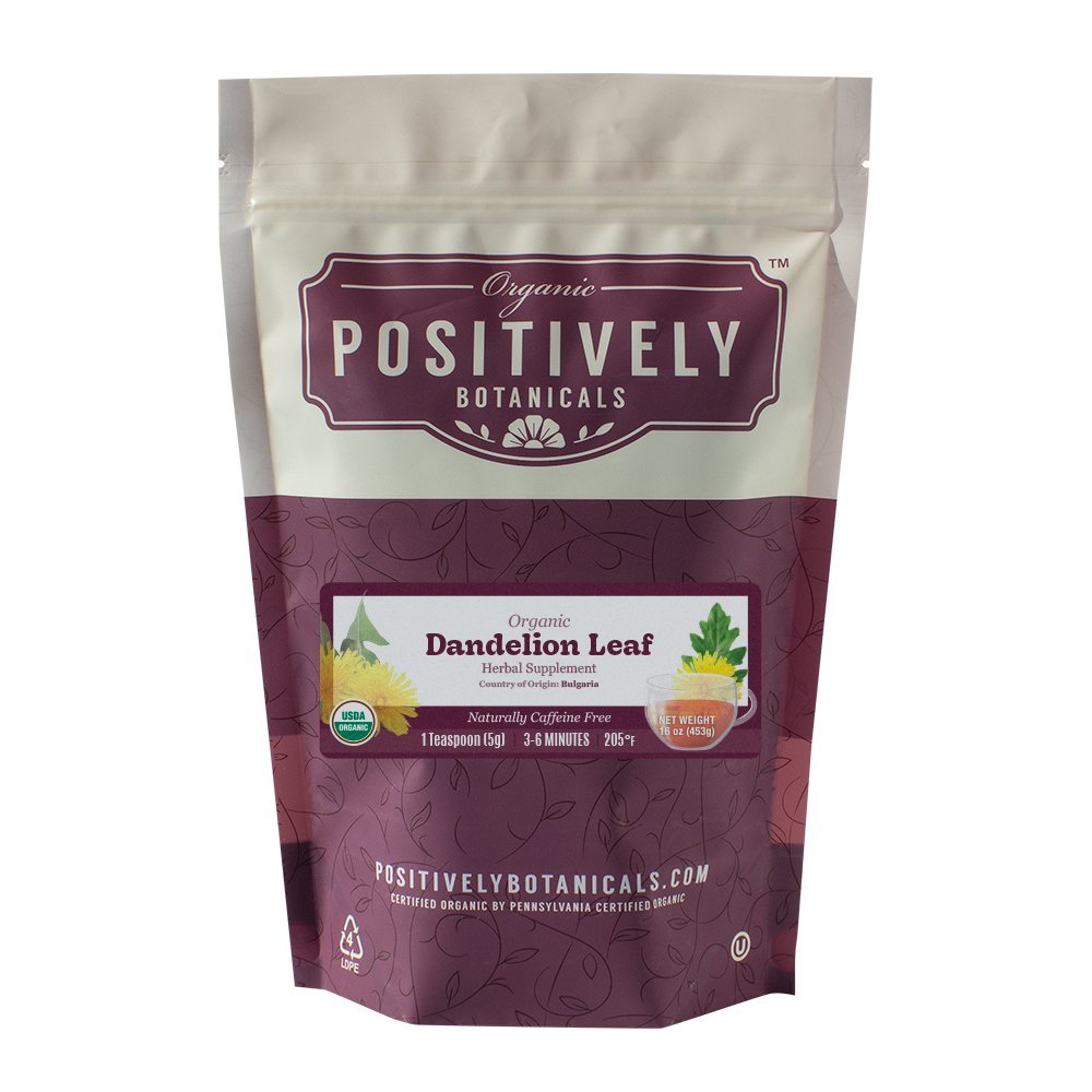 Positively Botanicals Organic Dandelion Leaf herbal supplement, 16 oz bulk bag, ideal for daily herbal health routines.