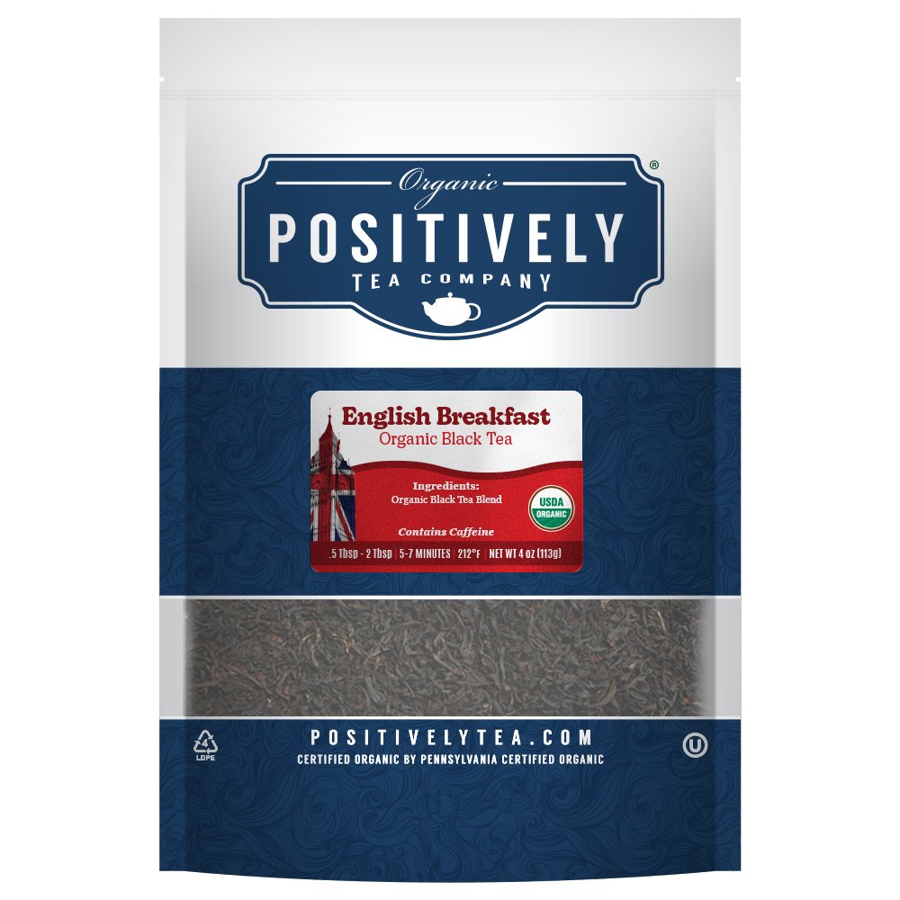 English Breakfast Organic Black Tea, 4oz resealable bag from Positively Tea Company, offering a smooth, full-bodied blend.