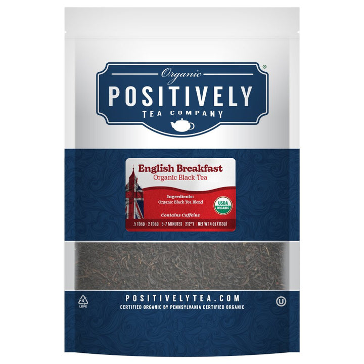 English Breakfast Organic Black Tea, 4oz resealable bag from Positively Tea Company, offering a smooth, full-bodied blend.