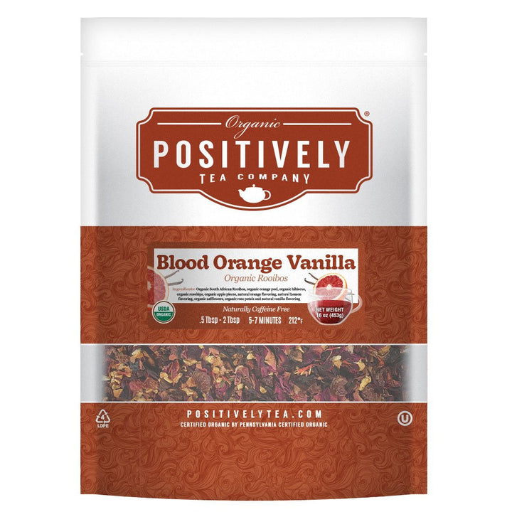 Positively Tea Company Blood Orange Vanilla Rooibos tea, 1lb bulk bag with a naturally sweet citrus and creamy vanilla flavor.