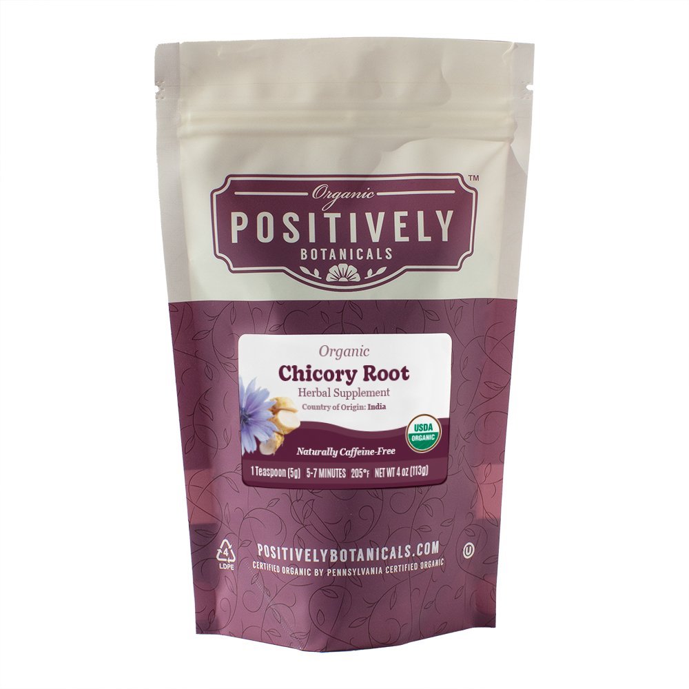 Positively Botanicals Organic Chicory Root herbal supplement, 4 oz bag, naturally caffeine-free, roasted and earthy flavor.