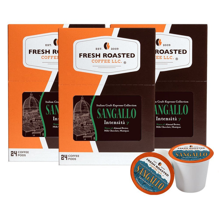 Three-pack bundle of Fresh Roasted Coffee Sangallo espresso pods, total 72 servings of medium-intensity Italian roast.