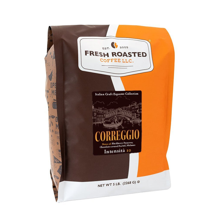 Fresh Roasted Coffee Correggio espresso beans, 5-pound bulk bag, premium Italian roast with notes of molasses and chocolate-covered pretzel.
