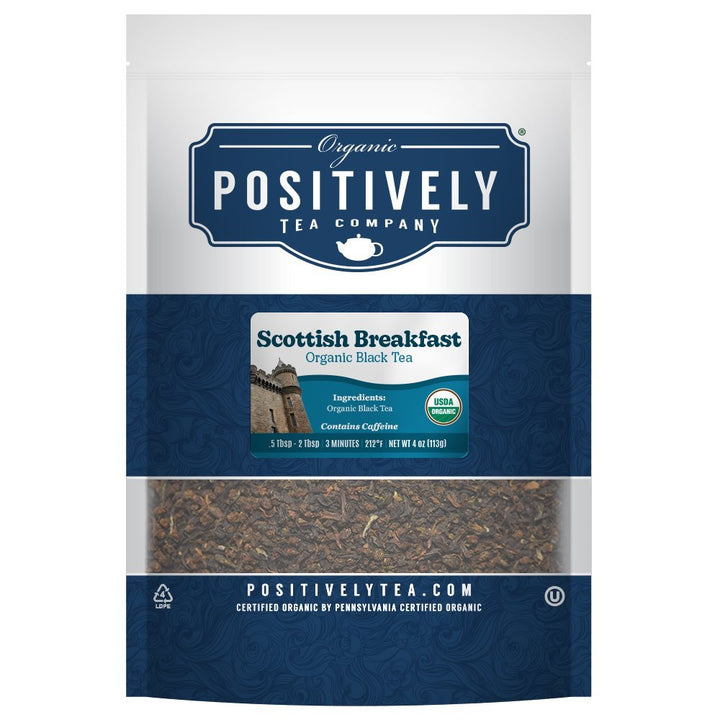 Scottish Breakfast Organic Black Tea, 4oz resealable bag, offering a bold and earthy morning brew.