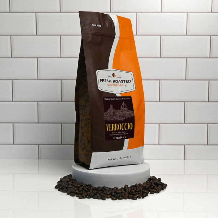 Fresh Roasted Coffee Verrocchio espresso blend, 2 lb bag displayed with whole beans, featuring robust Italian-style dark roast with notes of apple, cocoa, and peanut brittle.