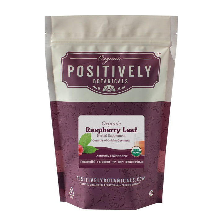 Positively Botanicals Organic Raspberry Leaf herbal supplement, 1 lb bulk bag, ideal for daily herbal wellness routines.