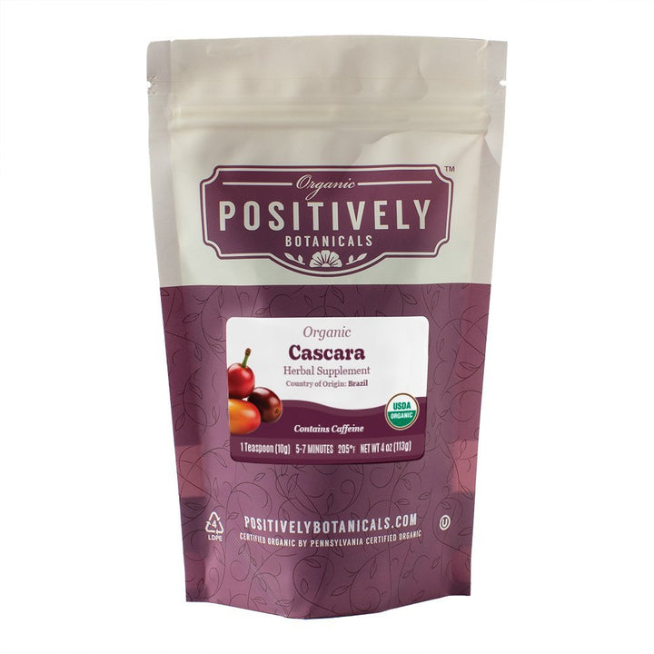 Positively Botanicals Organic Cascara herbal supplement, 4 oz resealable bag, naturally energizing with mild fruity notes.