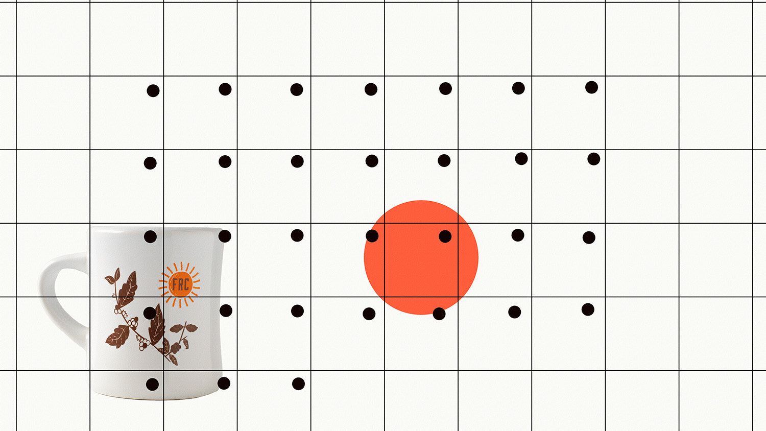 An minimalist calendar with a red dot on a date and a coffee mug in the background.