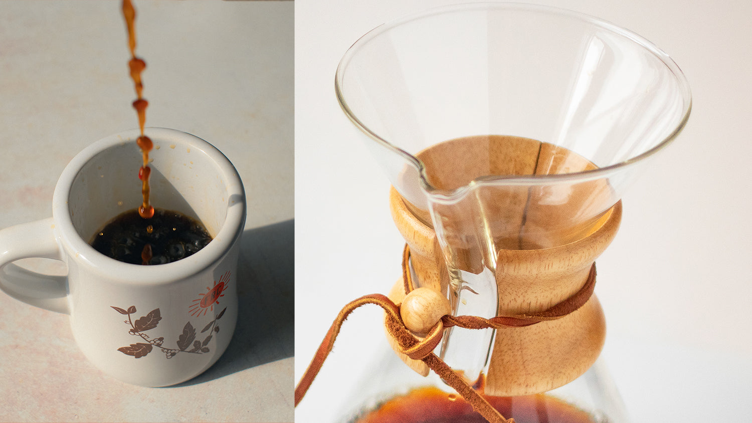 A diner mug with coffee being poured into it next to an image of a Chemex Classic.
