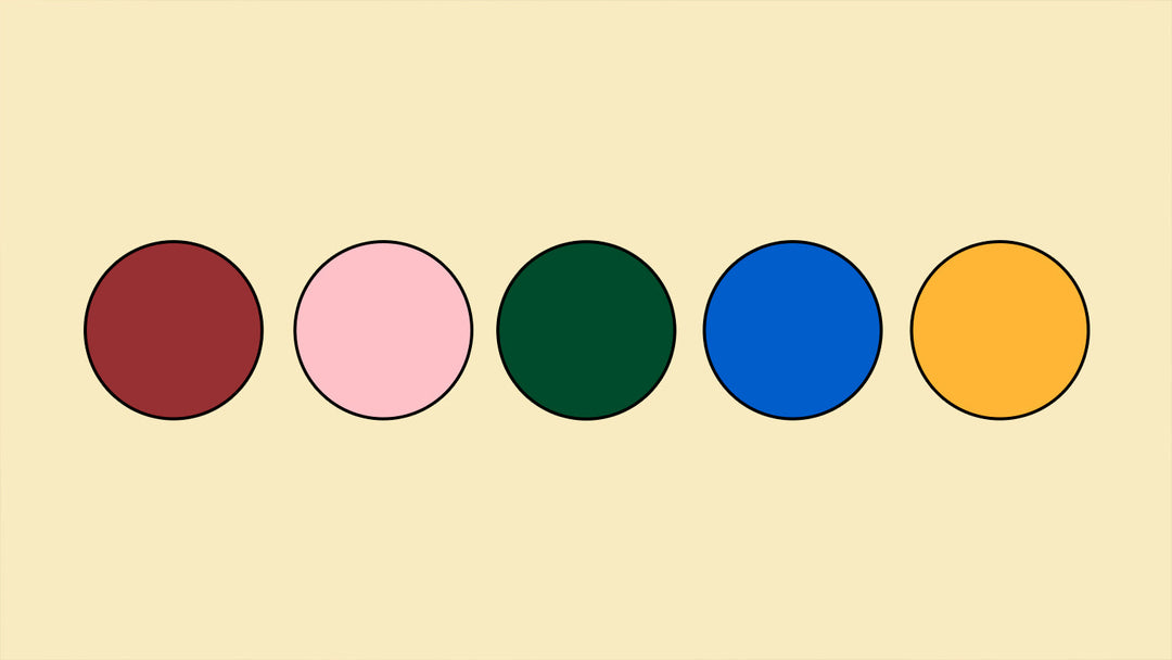 Five colored dots on a cream background.
