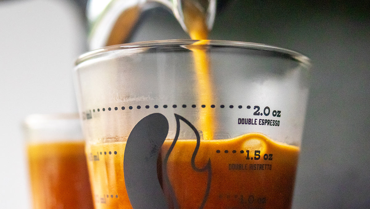 Closeup photo of an espresso being pulled through a double portafilter.