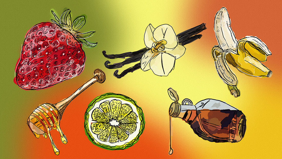 A strawberry, banana, vanilla beans, bergamot slice, maple syrup, and honey on a colorful background.