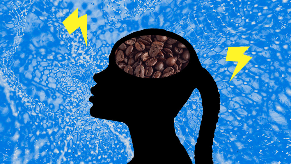 Silhouette of a person with coffee beans on the brain against a neural network background with lightning bolts.