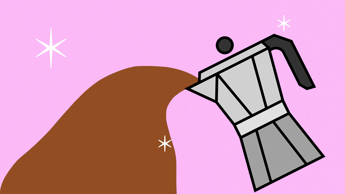 An illustration of a moka pot pouring a lot of coffee on a pink background with art-deco stars around.