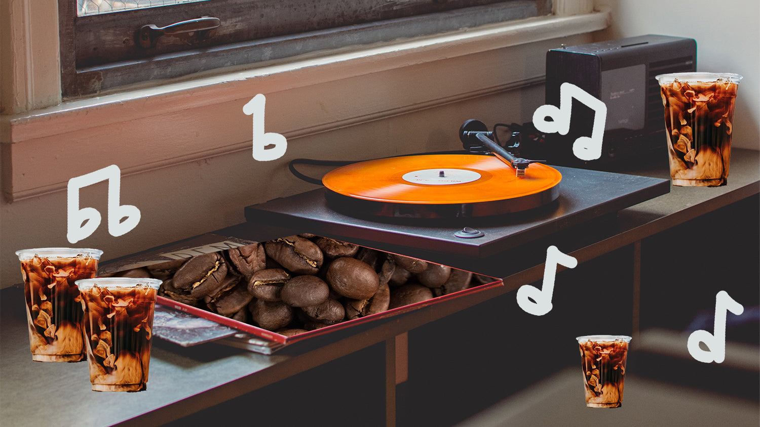 An orange record on a turntable next to a coffee bean album and iced coffees and music notes all around.