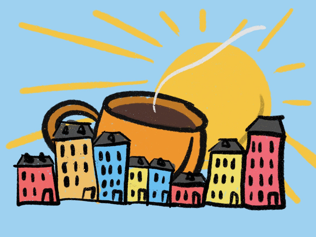 An illustration of a row of colorful buildings in Copenhagen with a large cup of coffee and sun in the background.