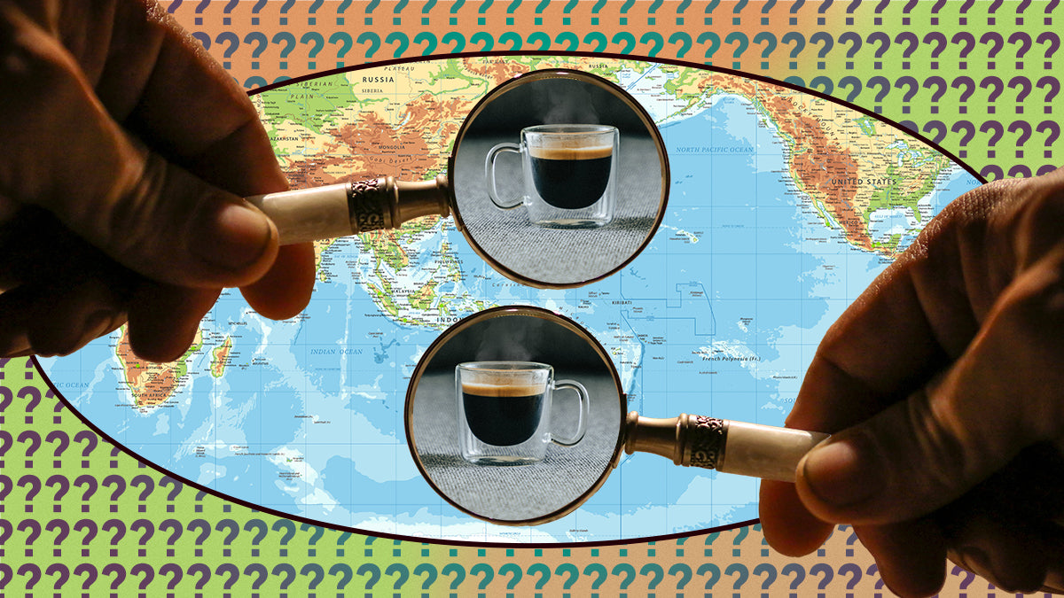 Two hands holding magnifying glasses with espresso shots in the sights atop a map of the world.