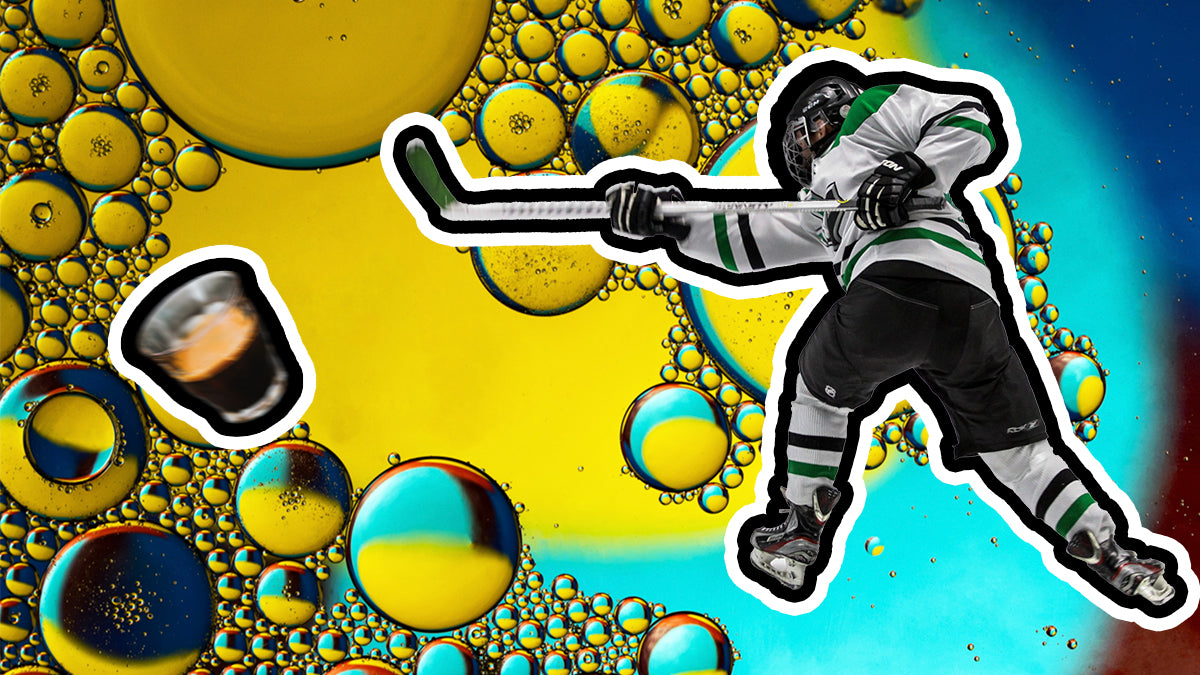 A hockey player slapshotting a shot of espresso on an olive oil background.
