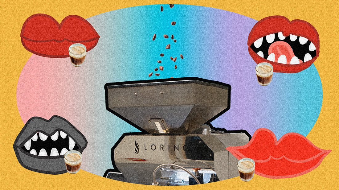 Coffee beans going into a roaster in an iridescent oval with illustrated lips tasting coffees.