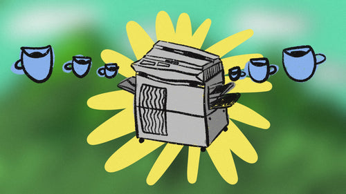 An illustration of a 1990s office printer producing blue coffee cups.