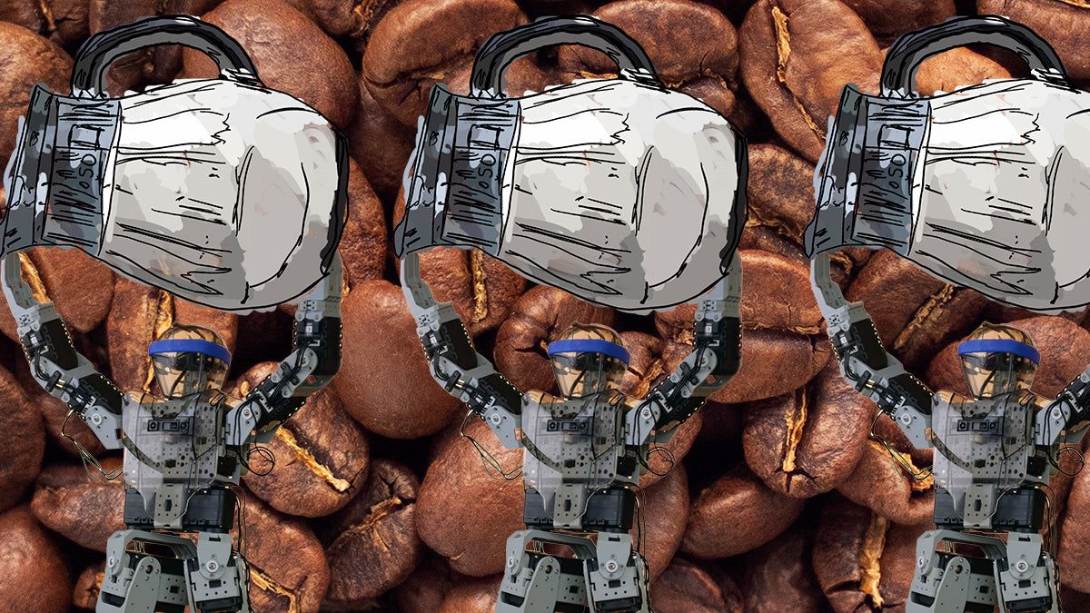 Three robots holding milk pitchers on a coffee bean background.