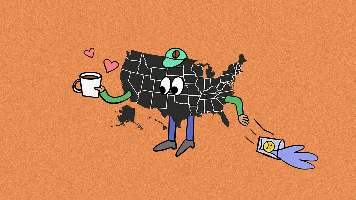 An illustration of the United States lovingly holding a cup of coffee whilst throwing a glass of water to the ground.