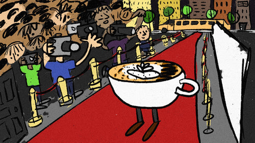 An illustration of a cappuccino walking down the red carpet as paparazzi shoot photos.